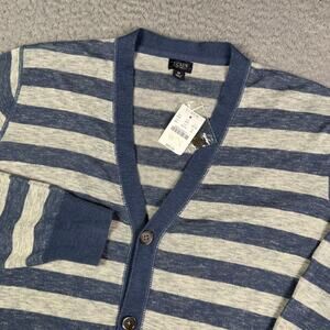 J. Crew Cardigan Sweater Mens M Gray Blue Striped Knit Cotton Grandpa Pockets